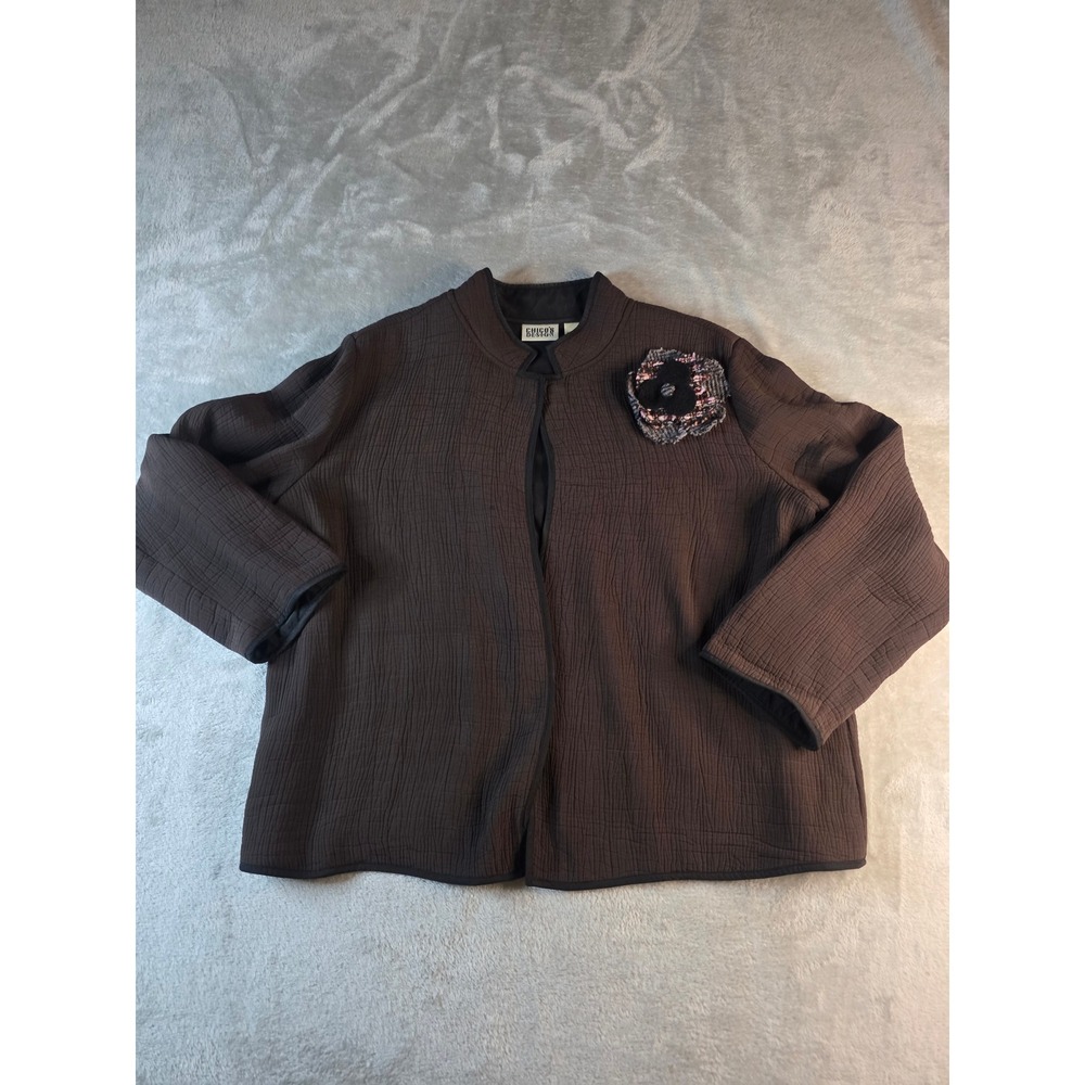 Chico's Design Jacket Women Size 3 Brown Quilted Silk Blend Open Front Brooch